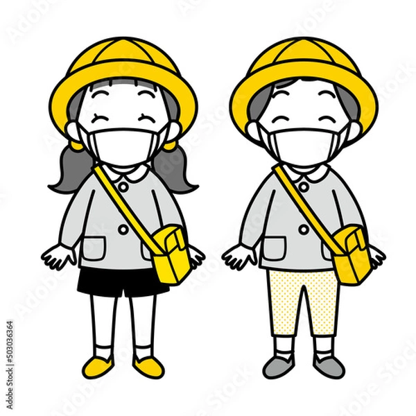 Obraz マスクを付け園児服を着た小さな女の子と男の子（シンプル）