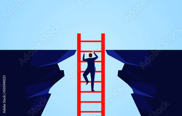 Fototapeta Businessman climbing a ladder from the bottom of the cliff to the top of the cliff, challenging difficulties and conquering adversity