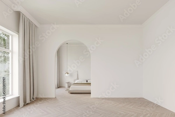 Fototapeta White classic room with an archway for the entrance. Bedroom, coffee table in the background. Mockup for furniture or product presentation