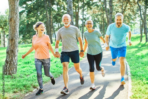 Obraz outdoor senior fitness woman man lifestyle active sport exercise healthy fit retirement