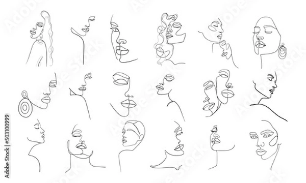 Fototapeta Set of portraits. Simple, minimalist vector illustration of beautiful woman face. Line drawing.