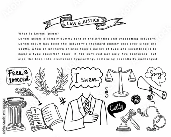 Fototapeta A banner with the symbols of law and justice, a hand-drawn sketch-style doodle. Justice. Court. Oath. Testimony. The scales of justice. Documents. Paragraphs of the law. Collection of cartoon elements