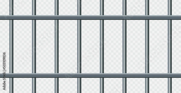 Fototapeta Vector illustration iron prison bars isolated on transparent background. Metal rods seamless pattern. Steel jail cell bars backdrop. Realistic prison grid background.