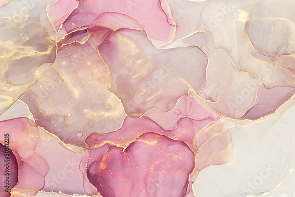 Fototapeta Abstract liquid ink painting background in pink colors with golden splashes.