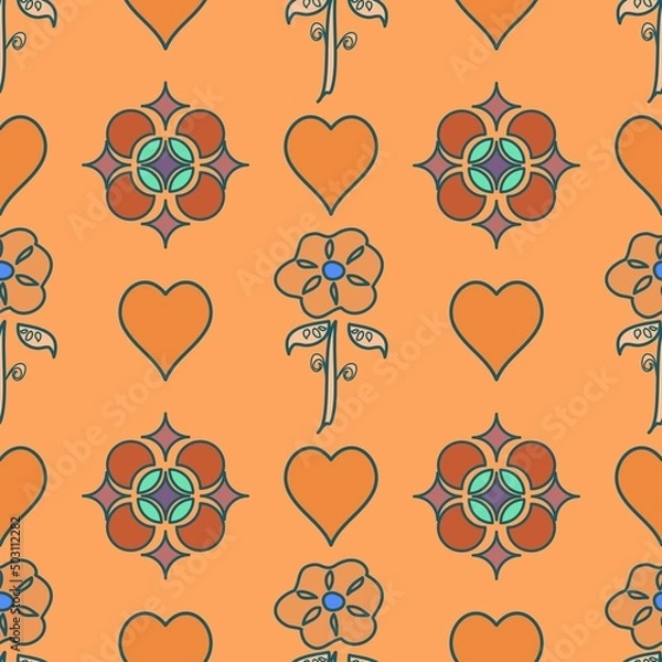 Fototapeta Cute shapes and hearts vector seamless repeat pattern in orange and green