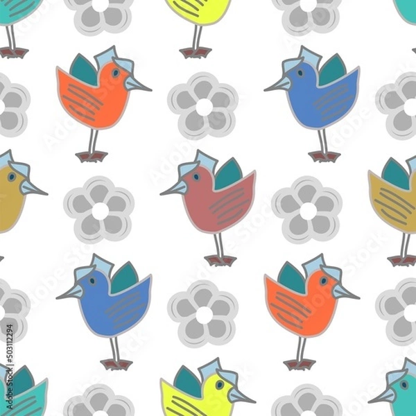 Fototapeta Cute cartoon style birds in colorful shades vector seamless repeat pattern with grey daisy style flowers