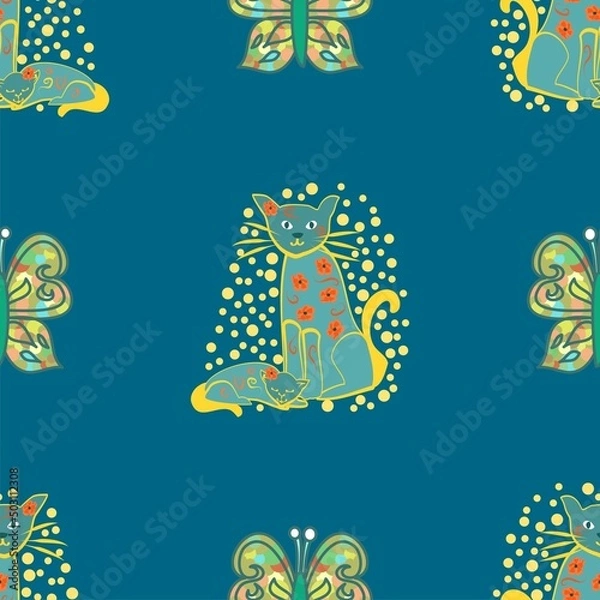 Fototapeta Blue and gold cats decorative vector seamless repeat pattern
