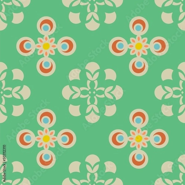Fototapeta Retro inspired geometric shapes vector repeat pattern in green, beige and orange