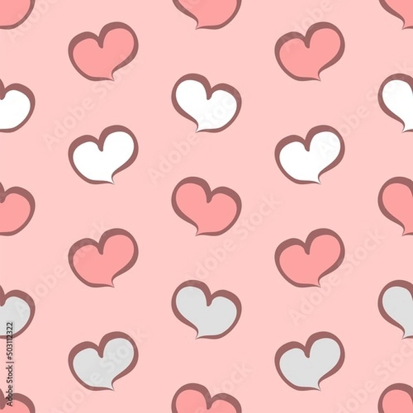 Fototapeta Pink and white vector seamless repeat pattern with hearts hand drawn in a cute cartoon style
