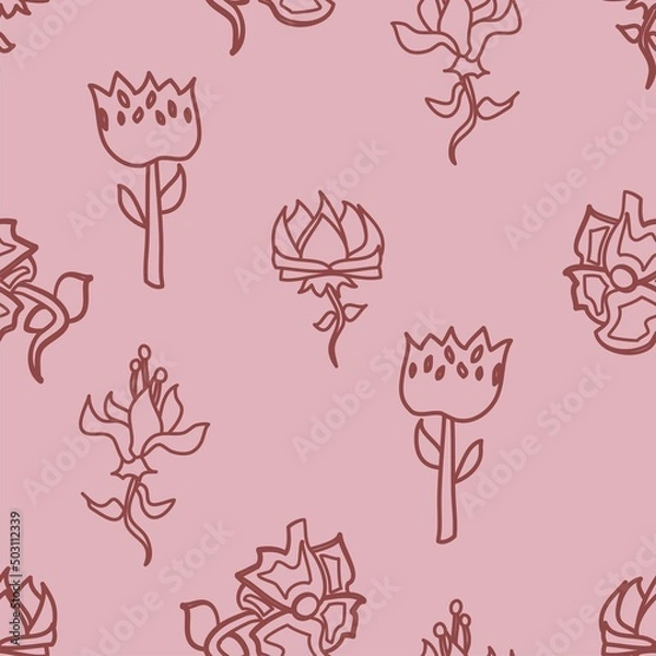 Fototapeta Floral vector seamless flower outlines repeat pattern in dusky pale pink and deep red