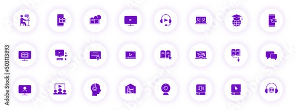 Obraz e learning purple color silhouette icons on light round buttons with purple shadow. e learning vector icon set for web, mobile apps, ui design and print