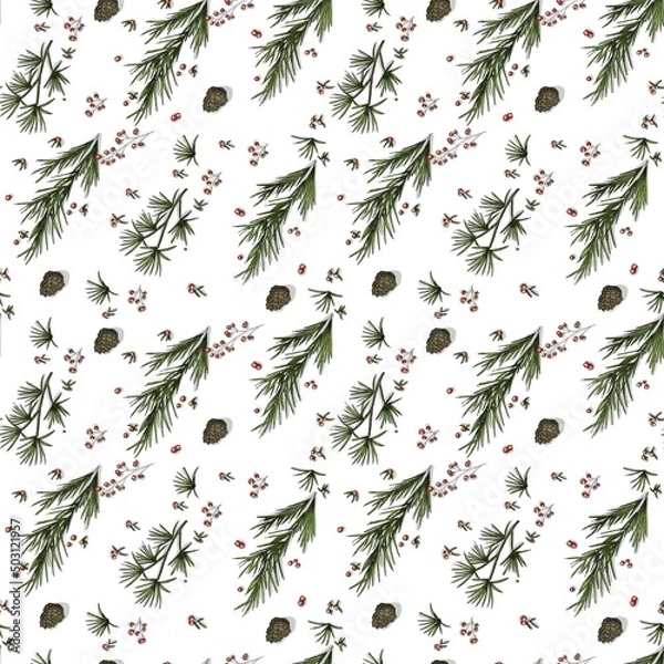 Obraz Christmas pattern on a white background green fir branches red berries brown cones