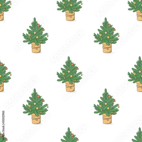 Obraz Christmas pattern Christmas tree in a pot on a white background