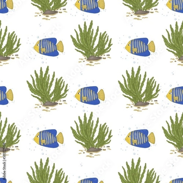 Obraz Pattern on a white background yellow with blue stripes fish angels green algae kelp