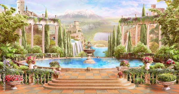Fototapeta Beautiful view of the lake and mountains from the blooming garden. Digital collage. Wallpaper. Poster design. Gazebo with a fountain.
