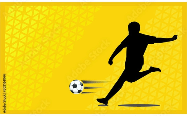 Obraz Banner with soccer player. Lettering Football with one ball. Football player in campionship. Fool color vector illustration in flat style isolated on yellow background.