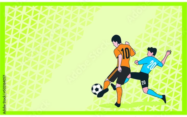 Obraz Banner with soccer players. Lettering Football with one ball. Football players in campionship. Fool color  illustration in flat style isolated on green background.