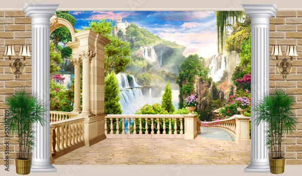 Fototapeta Interior. A wall with columns. Terrace with a view of the mountain waterfall. Photo wallpapers. Digital wallpaper.