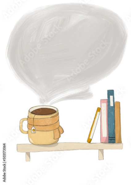 Obraz Illustration brown bookshelf with yellow blue and blue books mug with a hot drink in a scarf on a white background