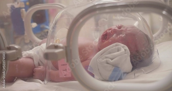 Obraz Closeup little newborn baby infant sleeping and crying in incubators for newborns, Newborn baby having the the breathing problem after birth, newborn in NICU, Neonatal intensive care unit	
