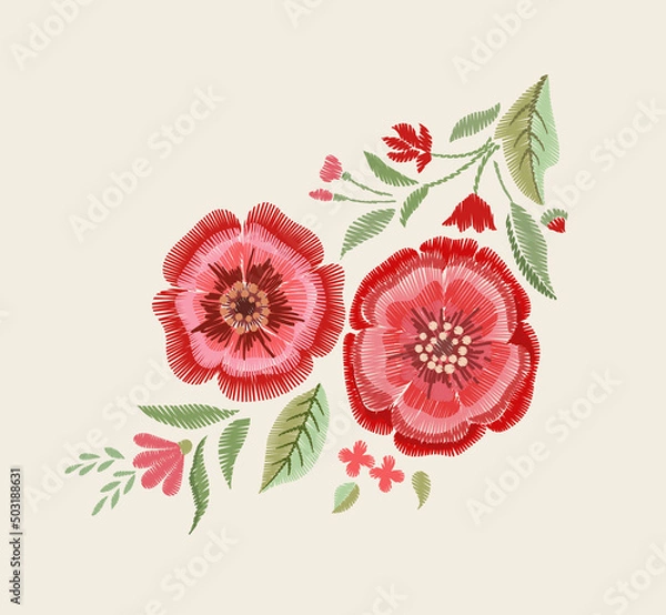 Obraz Embroidered flowers on a white background. Vector floral print.