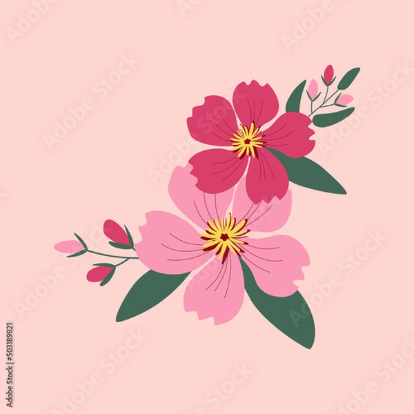 Fototapeta Beautiful bouquet of bright pink flowers. Floral composition of summer plants on an isolated pale pink background. Vector illustration in flat style