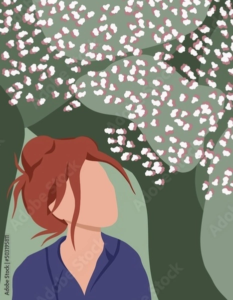 Obraz illustration of a red-haired girl on a green background around flowers