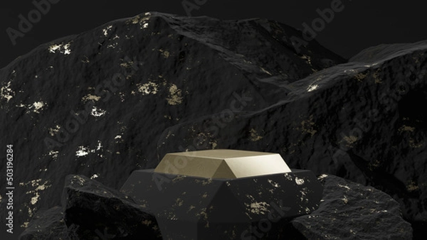 Fototapeta 3D illustration, Modern minimalist mockup for podium display or showcase, Black background for product promotion. Abstract platform.
