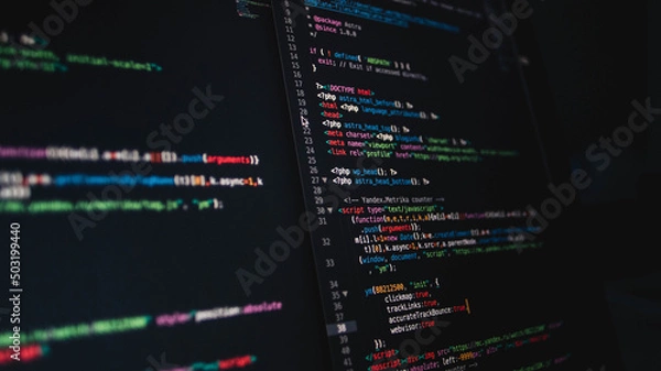 Obraz Background with a programming php html code on a dark screen