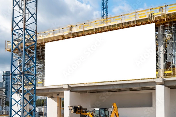 Obraz Blank white advertising billboard on the fence of construction site in downtown