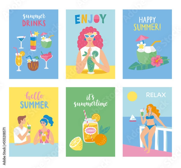 Fototapeta Set of summer cards in cartoon style. Vector illustration.