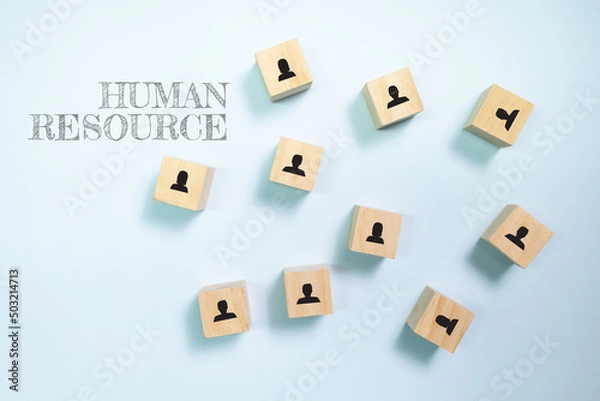 Obraz Top view wooden blocks with people icon on blue background. Concept for company and human resorce manangement.