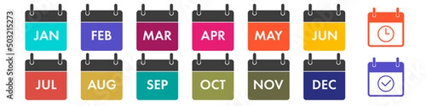 Obraz Yearly calendar icons set. All twelve months with names in abbreviated form. Plus two additional planning icons. Flat vector illustration isolated on white.
