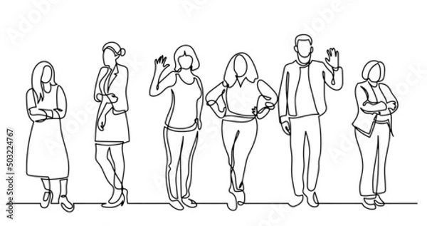 Fototapeta continuous line drawing of diverse group of standing people