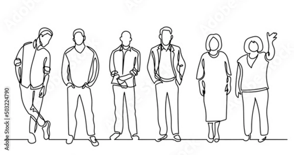 Fototapeta continuous line drawing of diverse group of standing people