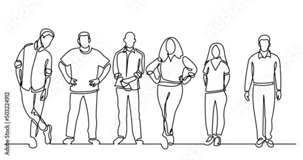 Fototapeta continuous line drawing of diverse group of standing people