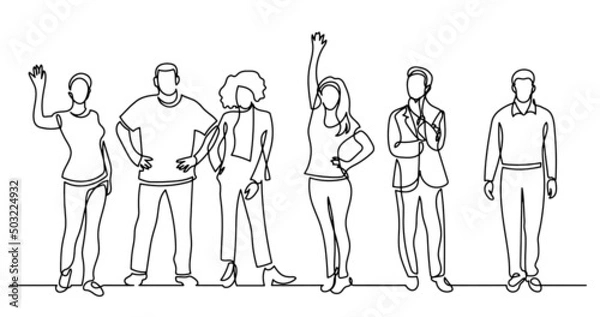 Fototapeta continuous line drawing of diverse group of standing people