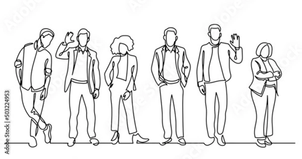 Fototapeta continuous line drawing of diverse group of standing people