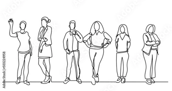 Fototapeta continuous line drawing of diverse group of standing people