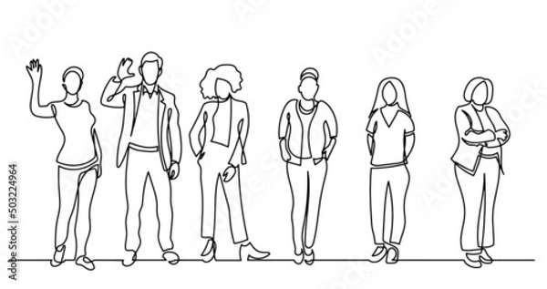 Fototapeta continuous line drawing of diverse group of standing people