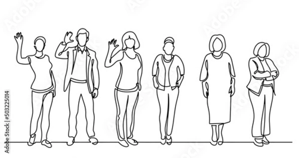 Fototapeta continuous line drawing of diverse group of standing people