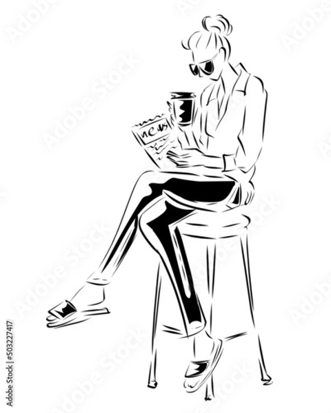 Obraz コーヒー片手に新聞を読む女性
