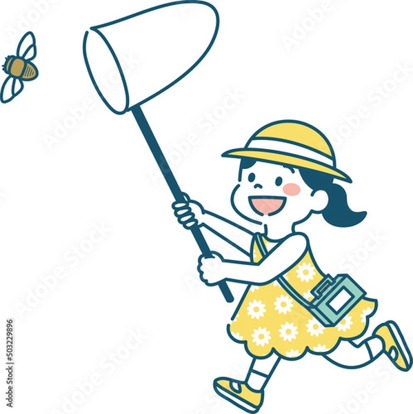 Obraz 虫取りをする子どものイラスト　セミ　女の子　	
