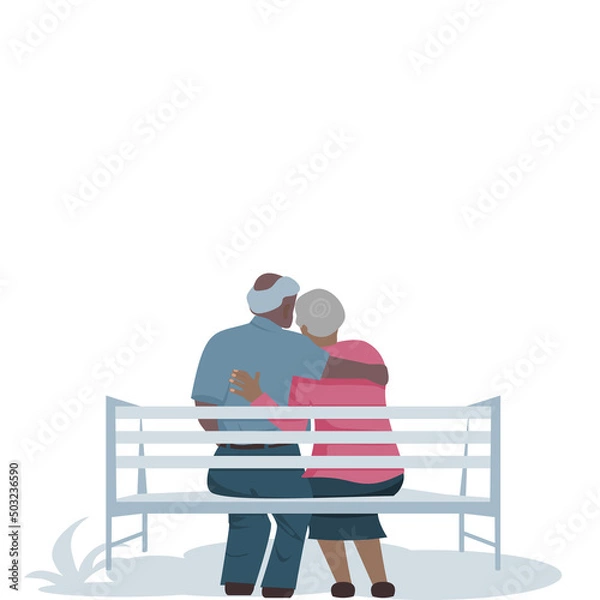 Fototapeta Behind the scenes of an elderly couple, a bald man and one woman has short hair are sitting supporting by hand in hand forward on white background.Vector isolate flat design concept for LOVE forever