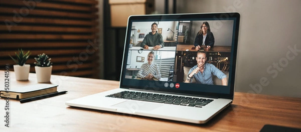 Obraz Video call conference on s laptop screen at cozy loft style place. Remote business with team