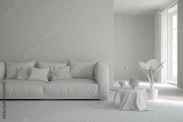 Fototapeta Mock up of stylish room in white color with sofa. Scandinavian interior design. 3D illustration