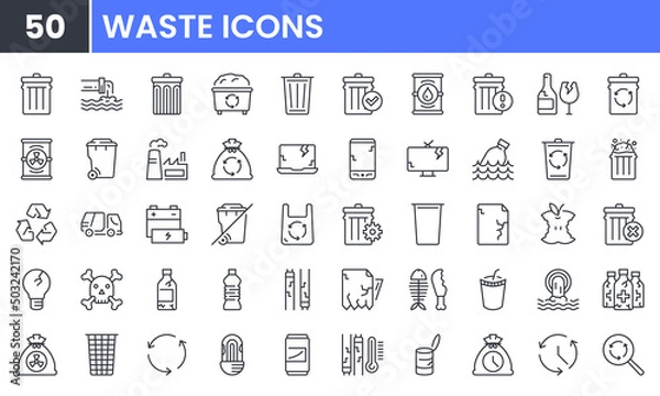 Fototapeta Waste and Recycle vector line icon set. Contains linear outline icons like Trash, Plastic, Paper, Bottle, Can, Dumpster, Factory, Truck, Food, Garbage, Pollution, Glass. Editable use and stroke.