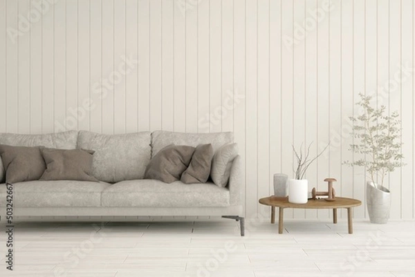 Fototapeta White living room with sofa. Scandinavian interior design. 3D illustration