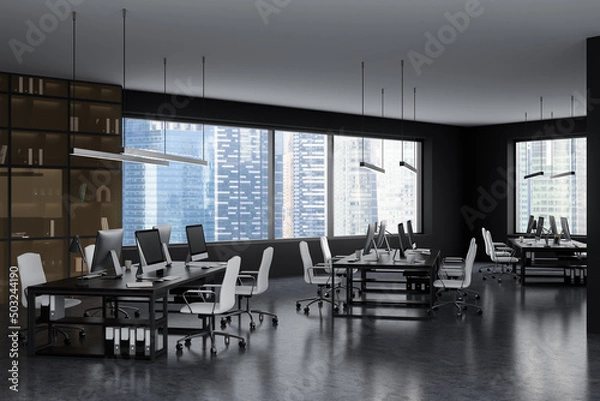 Fototapeta Office interior with table and computer, panoramic window with city view