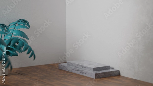 Fototapeta 3D illustration, Abstract minimal scene with geometric forms. wood podium in white background with leaves. product presentation, mockup, show cosmetic product display, 3d Rendering.